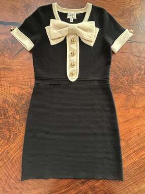 Milly Merino Wool Bow Knit Dress S M 4 6 Black Cream Gold Preppy Holiday Luxe